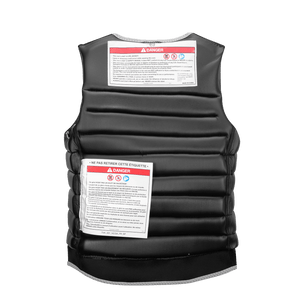 Rear view of the Syndicate Ethos vest with safety labels, showing its padded structure and bilingual warning tags.