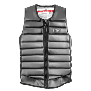 Front view of the Syndicate Pro Vest, a black padded waterski vest with a full-length zipper and horizontal foam panels.