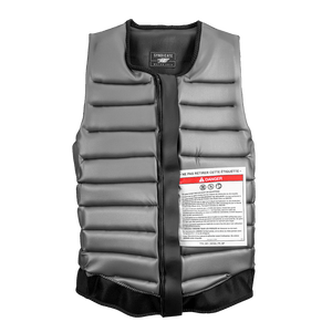 Front view of the Syndicate Pro Vest, a black padded vest with warning labels attached.