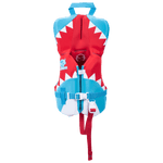 Front view of the Toddler Pursuit vest, a red, blue, and white life vest with a shark design and a front zipper.