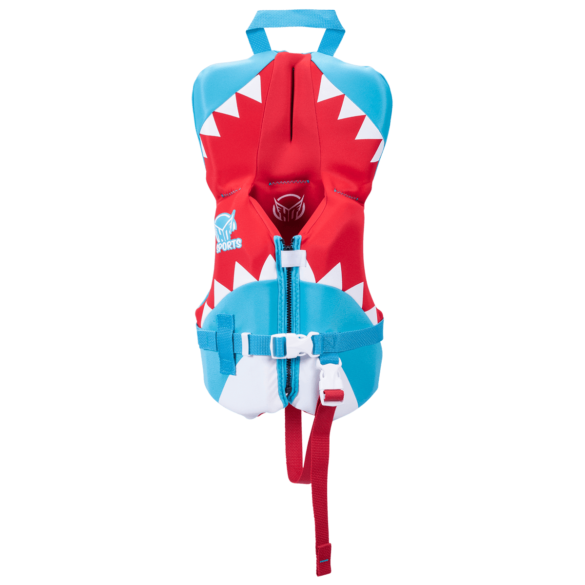 Front view of the Toddler Pursuit vest, a red, blue, and white life vest with a shark design and a front zipper.
