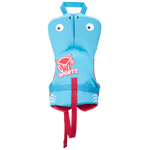 Back view of the Toddler Pursuit vest, featuring a blue design with eyes and a secure strap system.