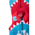 Close-up view of the Toddler Pursuit vest, highlighting the detailed shark teeth design and logo.