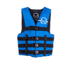 Front view of the Mens Universal Blue life vest with four black buckles, blue panels, and white HO Sports branding.