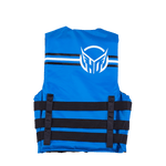 Back view of the Mens Universal Blue life vest with black and white stripes, HO Sports logo, and adjustable side straps.