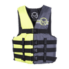 Front of Men's Universal Yellow/Ash life vest with a yellow and gray design, black buckles, adjustable straps, and logo.