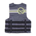 Back of Men's Universal Yellow/Ash life vest in gray with yellow and white stripes, black straps, and a logo.