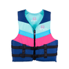Front view of Womens Infinite life vest with a blue, teal, and pink chevron design, black straps, and a zippered closure.