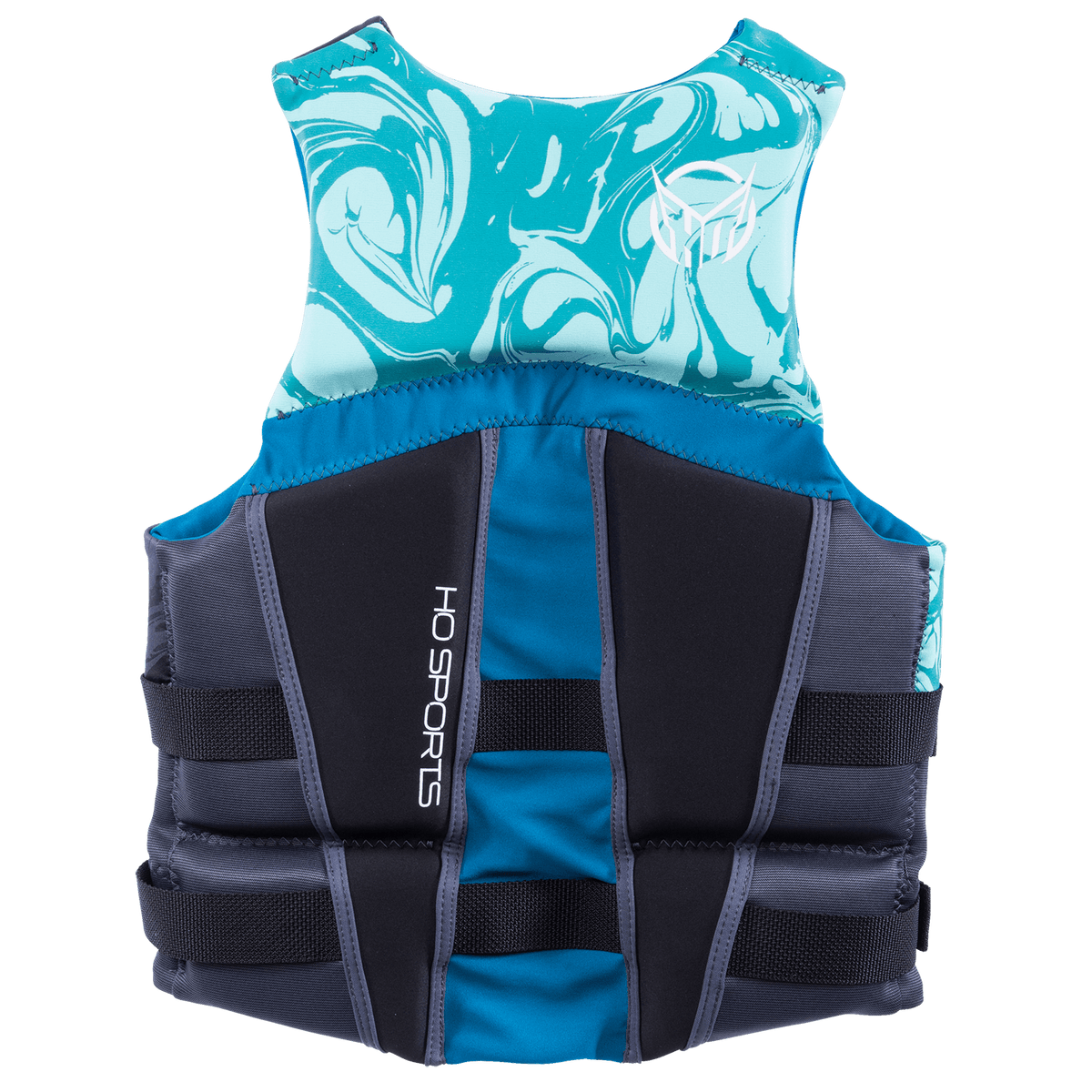 Back view of Womens Mission life vest with a teal marble pattern, black panels, and padded side sections for comfort.