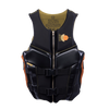 Front view of Womens Phoenix vest in black with metallic paneling, zippered closure, black straps, and orange side accents.