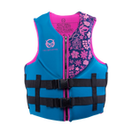 Front view of Womens Pursuit life vest in blue with pink floral accents, a zippered closure, and dual black straps.