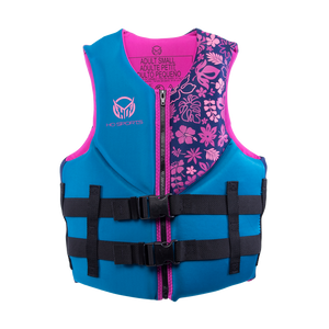 Front view of Womens Pursuit life vest in blue with pink floral accents, a zippered closure, and dual black straps.