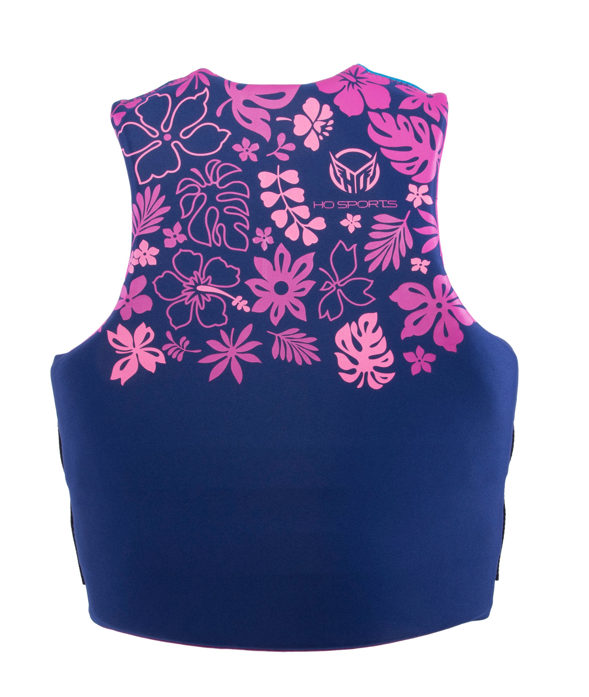 Back view of Womens Pursuit life vest in navy with pink floral patterns and a sleek, form-fitting design.