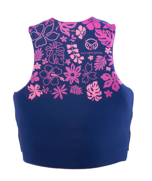Back view of Womens Pursuit life vest in navy with pink floral patterns and a sleek, form-fitting design.