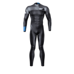 Front view of the Syndicate Dry-Flex Wetsuit, featuring a black and gray design with blue accents and a high-performance fit.