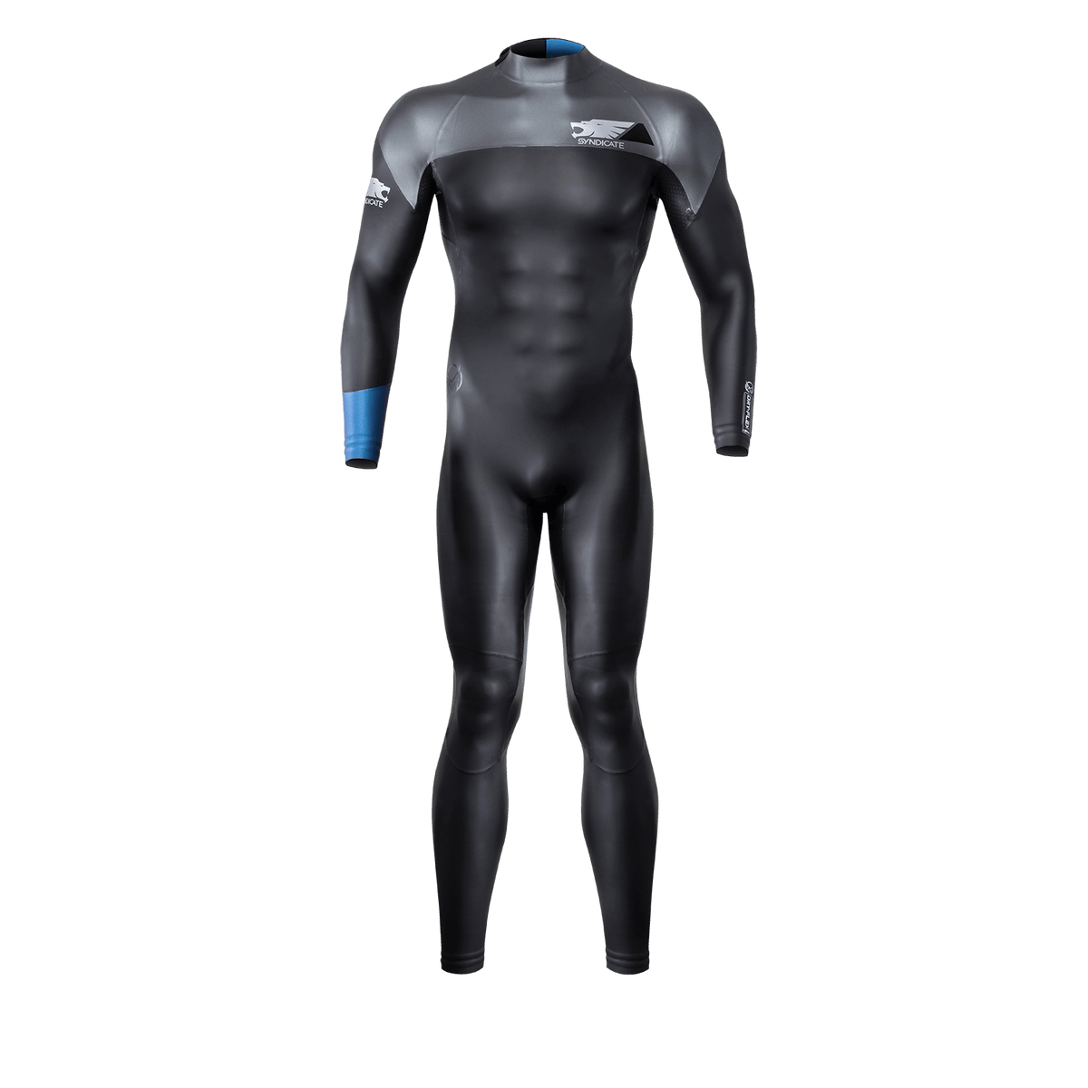 Front view of the Syndicate Dry-Flex Wetsuit, featuring a black and gray design with blue accents and a high-performance fit.