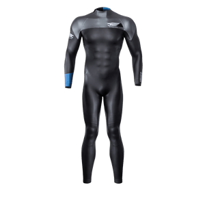 Front view of the Syndicate Dry-Flex Wetsuit, featuring a black and gray design with blue accents and a high-performance fit.