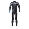 Front view of the Syndicate Dry-Flex Wetsuit, featuring a black and gray design with blue accents and a high-performance fit.