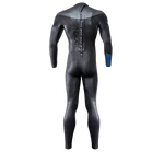 Back view of the Syndicate Dry-Flex Wetsuit, with the zippered closure, textured shoulder panel, and blue sleeve accent.