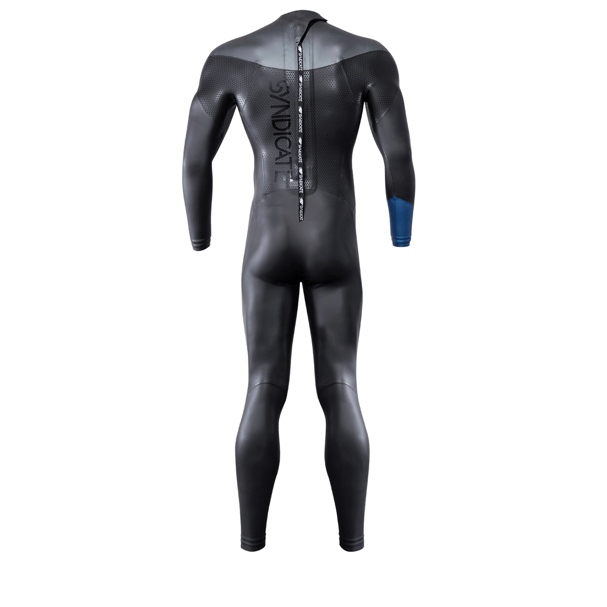 Back view of the Syndicate Fullsuit, black with a vertical back zip, hex panels and blue cuff.