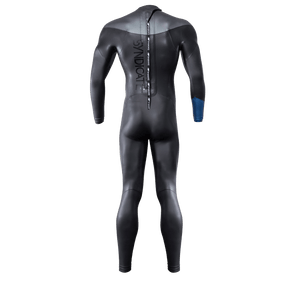Back view of the Syndicate Fullsuit, black with a vertical back zip, hex panels and blue cuff.