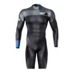 Front view of the Syndicate Dry-Flex Wetsuit Shorty, featuring a black and gray design with blue sleeve accents.