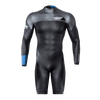 Front view of the Syndicate Dry-Flex Wetsuit Shorty, featuring a black and gray design with blue sleeve accents.