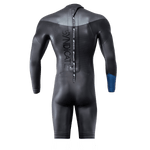 Back of the Syndicate Dry-Flex Wetsuit Shorty, highlighting the zippered closure, textured shoulder panel, and blue sleeve.