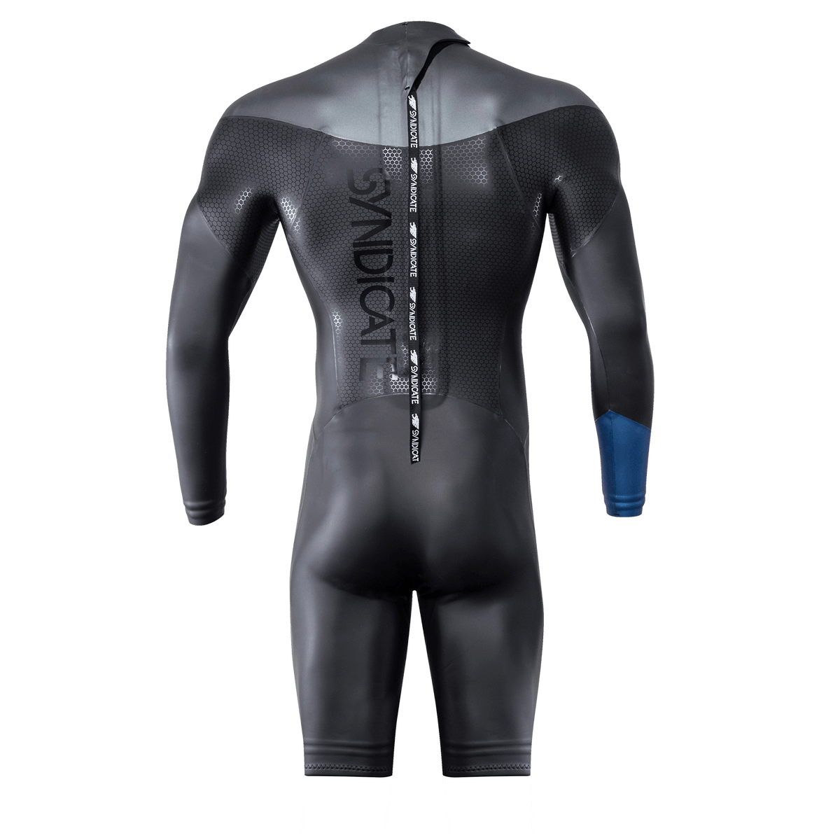 Back view of the Syndicate LS Spring Suit, black with a vertical back zip, hex panels and blue cuff.
