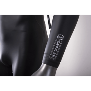 Close-up of the Syndicate LS Spring Suit's forearm cuff with silver DRY-FLEX and HO logo.