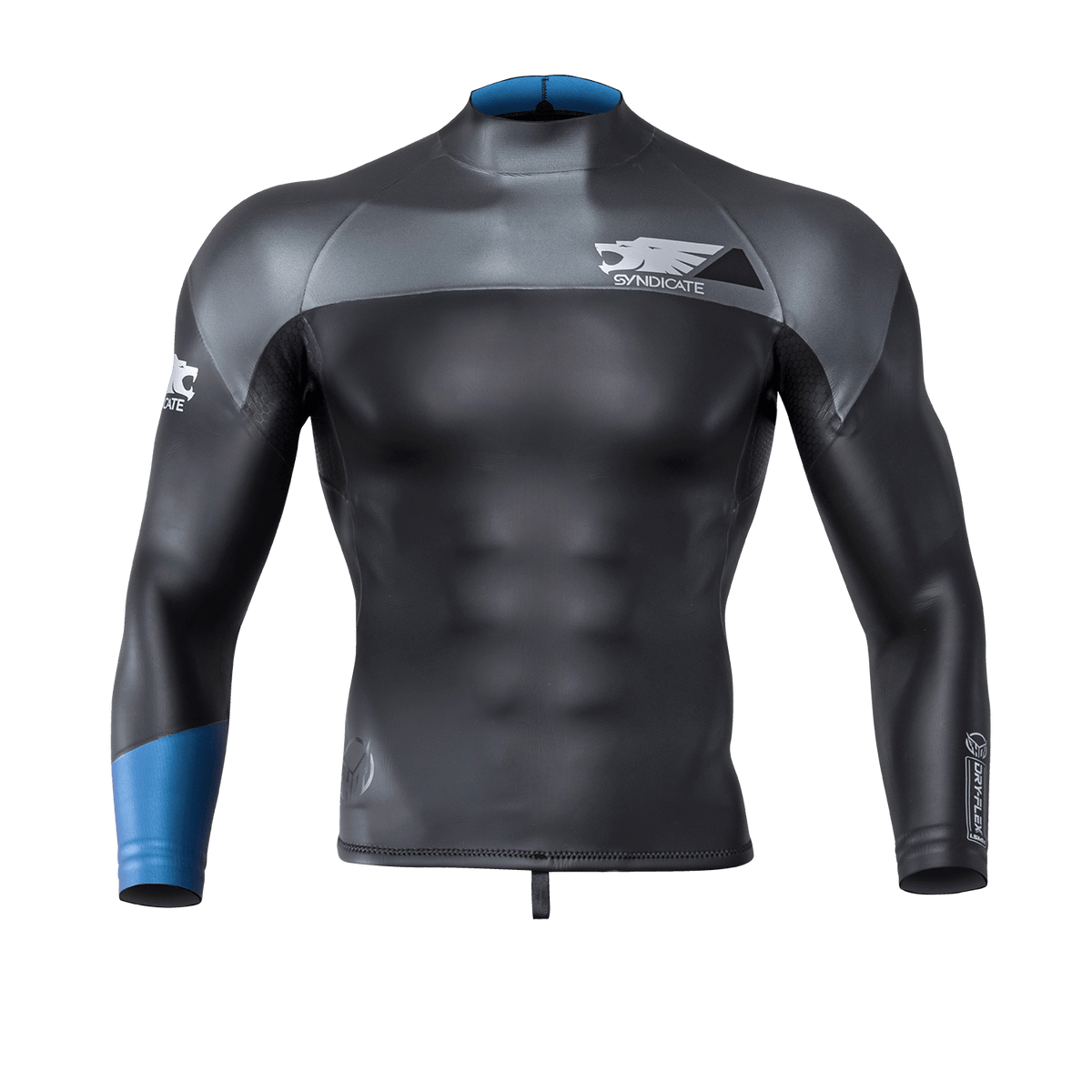 Front view of the Syndicate Dry-Flex Wetsuit Top, featuring a black and gray design with blue sleeve accents.