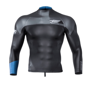 Front view of the Syndicate Dry-Flex Wetsuit Top, featuring a black and gray design with blue sleeve accents.