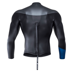 Back view of the Syndicate Dry-Flex Wetsuit Top, highlighting the zippered closure, textured shoulder panel, and blue sleeve.