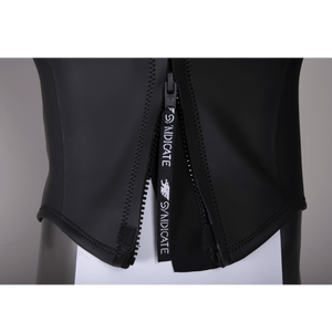 Close-up of the wetsuit zipper, showing the black Syndicate-branded pull tab and reinforced seams.