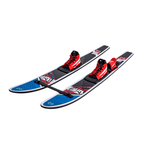 Angled view of Blast Combos water skis with Blaze Boots, showing the bindings and stabilizer bar attached.