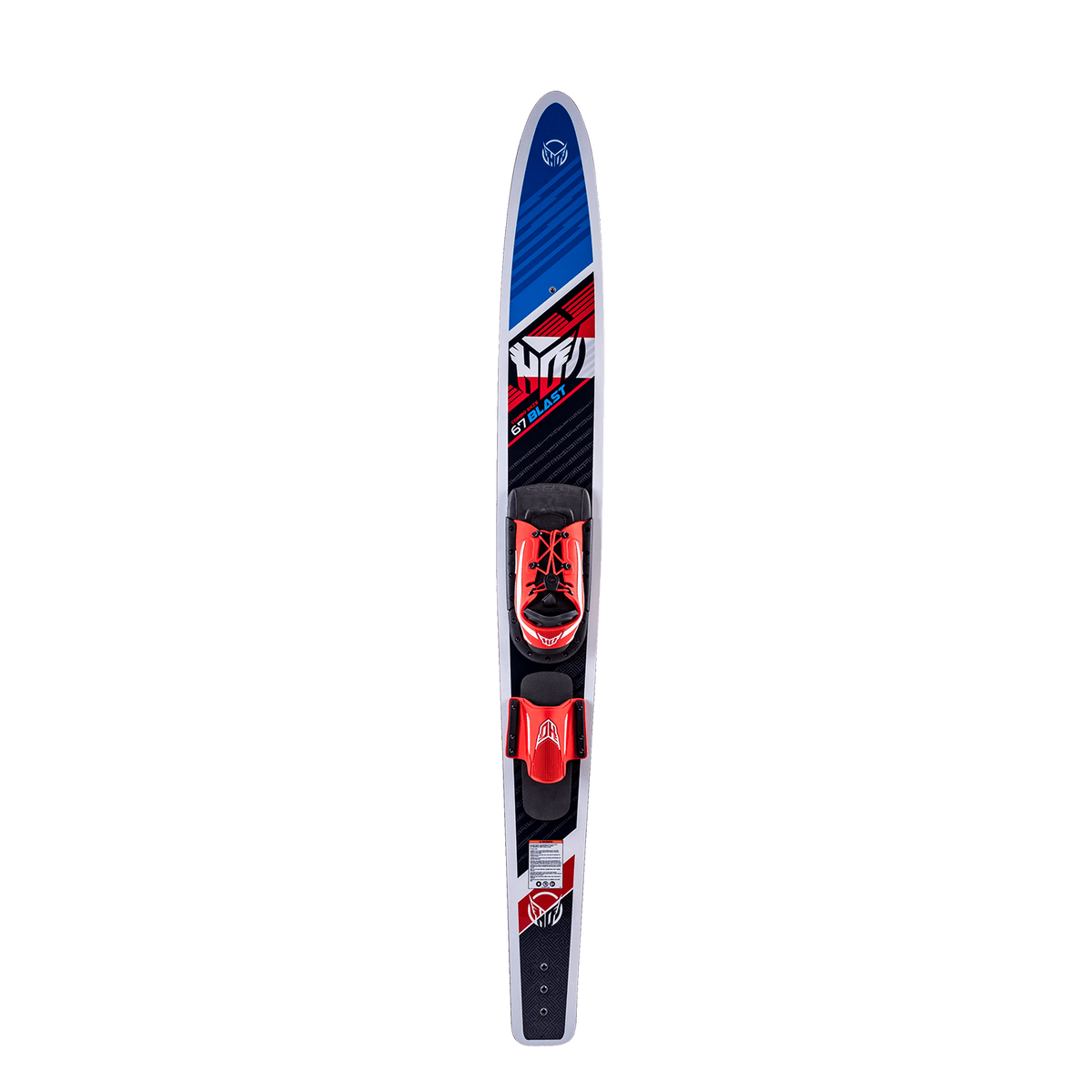 Top view of a single Blast Combos ski with Blaze Boots, showcasing the red and black bindings.