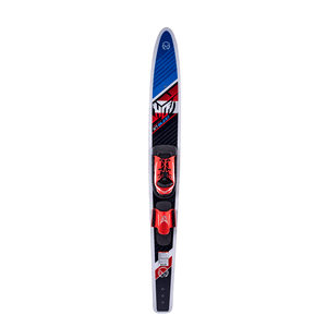 Top view of a single Blast Combos ski with Blaze Boots, showcasing the red and black bindings.