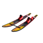 Angled side view of Burner Combos waterskis with attached Blaze boots and a stabilizer bar.