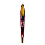 Top view of Burner Combos waterskis with a black, red, and yellow design and Blaze boots.