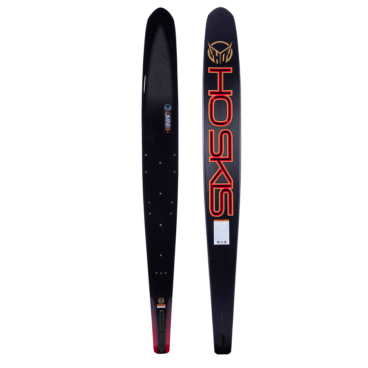 Side-by-side view of the top and base of the Carbon Omni 2023 Wide Edition waterski, highlighting the design on both sides.