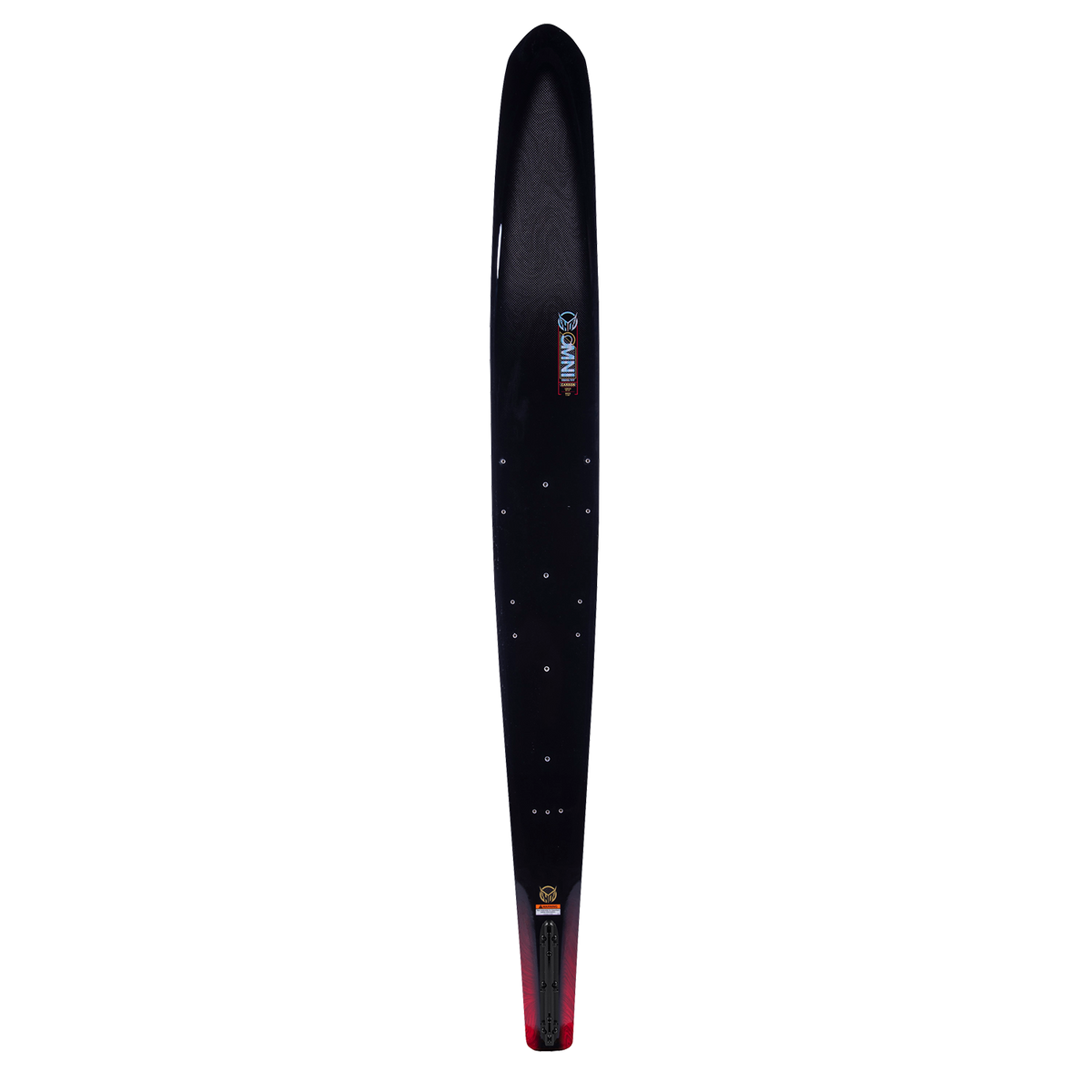 Black and red Carbon Omni 2023 Wide Edition waterski, featuring a bold "HO SKIS" logo in red with gold accents.