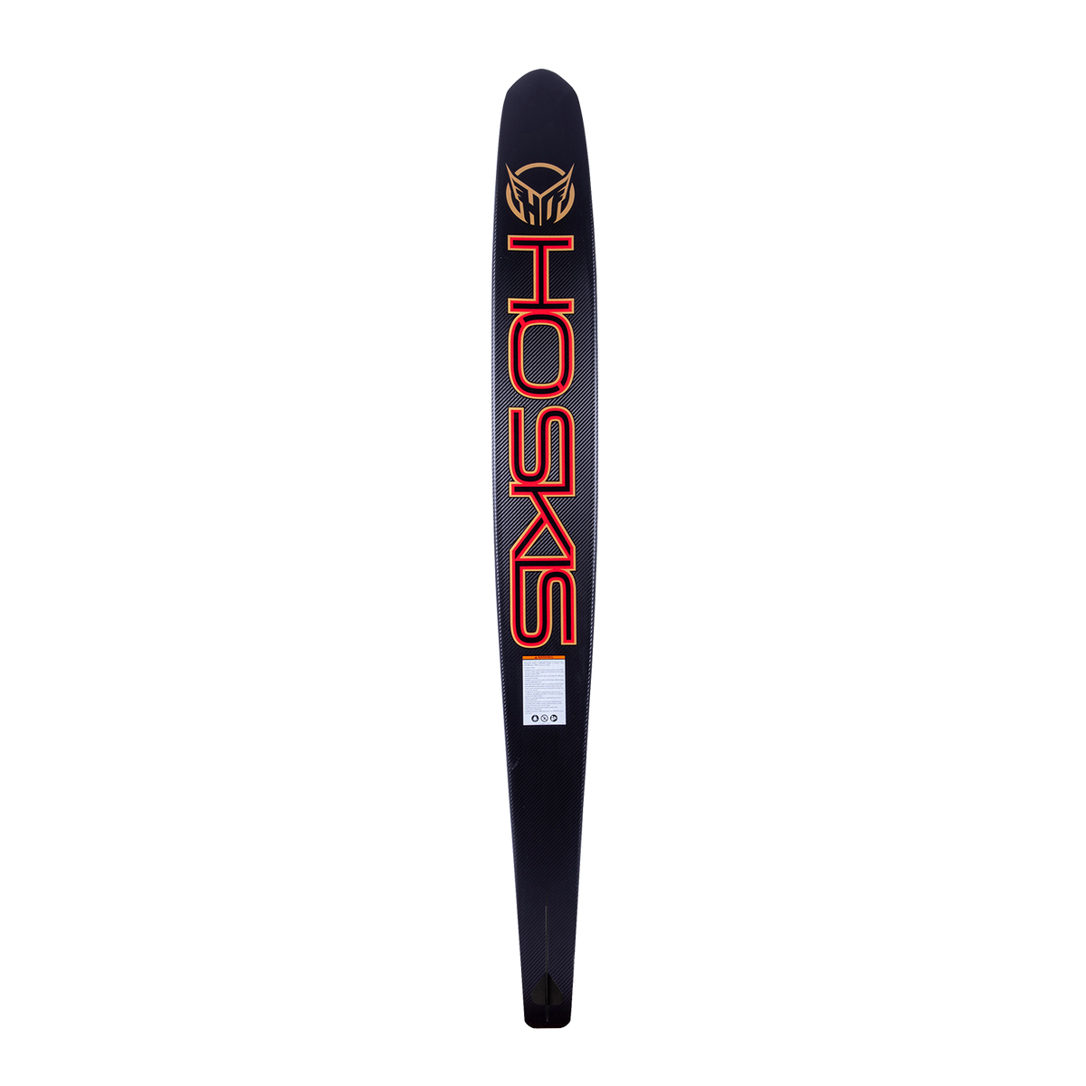 Bottom view of the Carbon Omni 2023 Wide Edition waterski, showing the black carbon fiber base with red detailing.