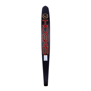 Bottom view of the Carbon Omni 2023 Wide Edition waterski, showing the black carbon fiber base with red detailing.