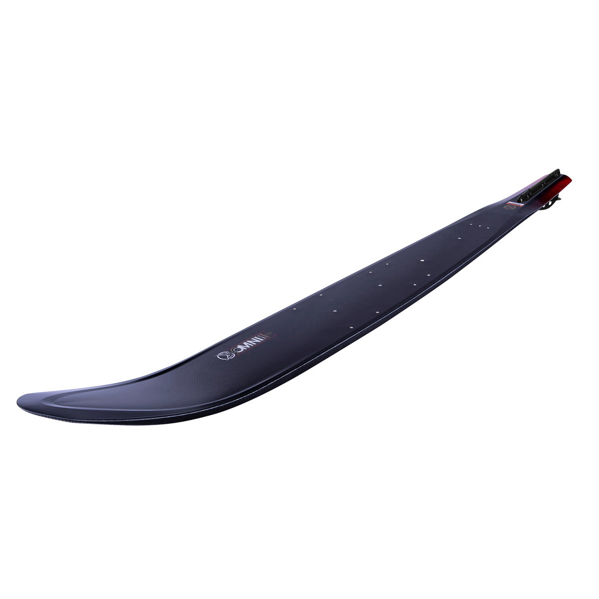 Angled side view of the Carbon Omni 2023 Wide Edition waterski, displaying its curvature and mounting holes.