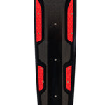 Top view of the Carbon Omni 2023 waterski, featuring a black and red design, textured surface, and mounting points.
