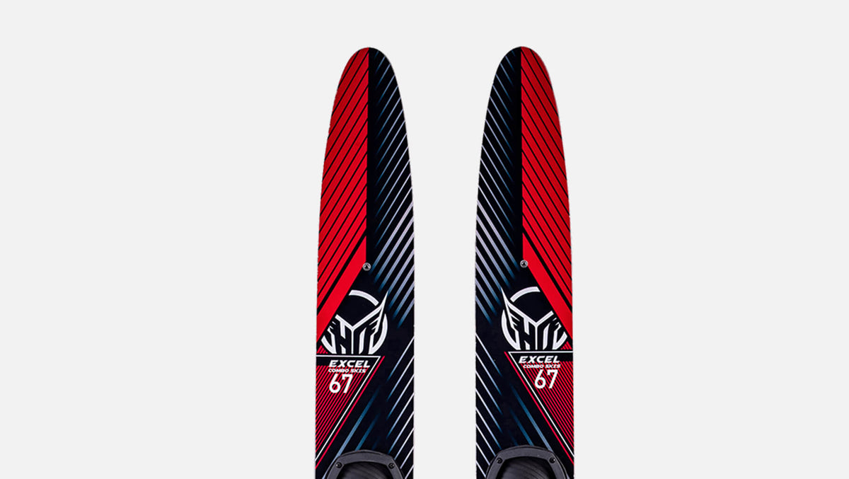 Top view of a pair of the tips of a red, white and black stripe design waterskis with 'Excel' and HO Sports branding on a white background