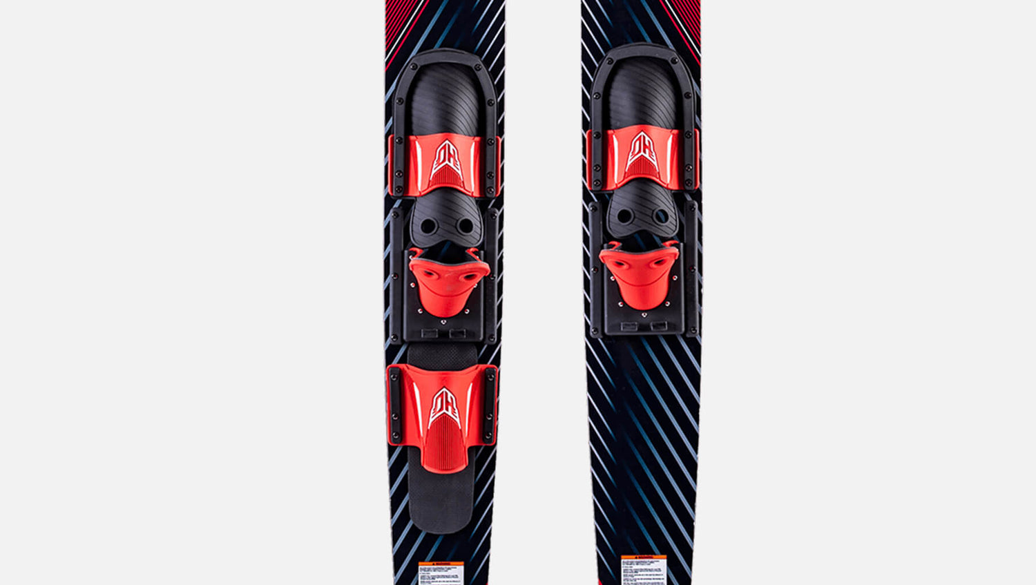 Top view of a pair of water skis with red bindings showing a white HO logo on a white background
