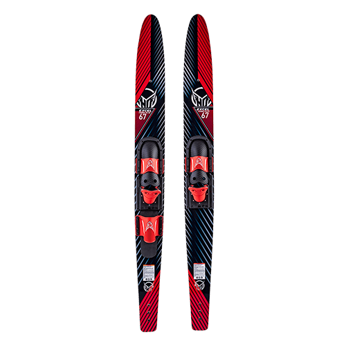 Top view of the Excel Combos waterskis, showing a matching black and red design with adjustable bindings.