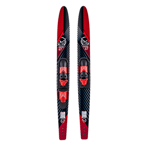 Top view of the Excel Combos waterskis, showing a matching black and red design with adjustable bindings.