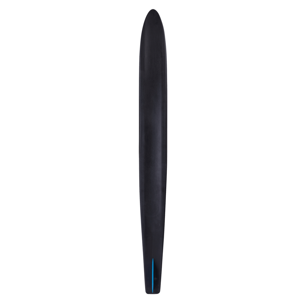 Bottom view of the Excel Combos waterski, showing a sleek black design with a narrow tail.